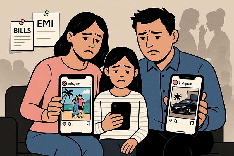 Family stressed by Instagram comparisons and debt, showing mental and financial cost of overspending