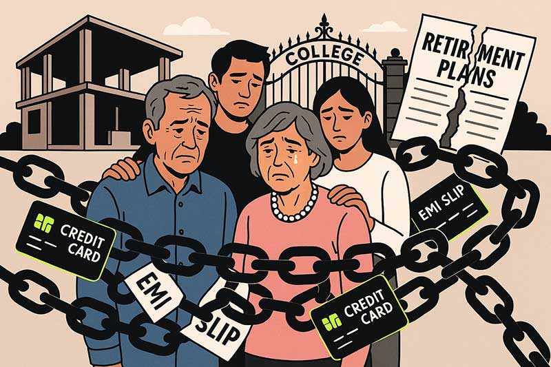 Older couple facing broken dreams like no home, delayed retirement, and children’s blocked education due to debt