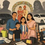 Indian family at a glamorous wedding sinking in credit card and EMI quicksand, symbolizing middle-class overspending and debt trap.