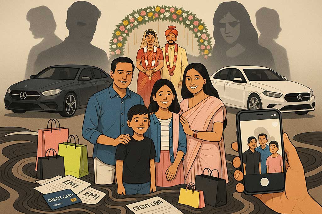 Indian family at a glamorous wedding sinking in credit card and EMI quicksand, symbolizing middle-class overspending and debt trap.