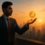 Professional in India holding glowing investment symbol above city skyline, representing money working for you.