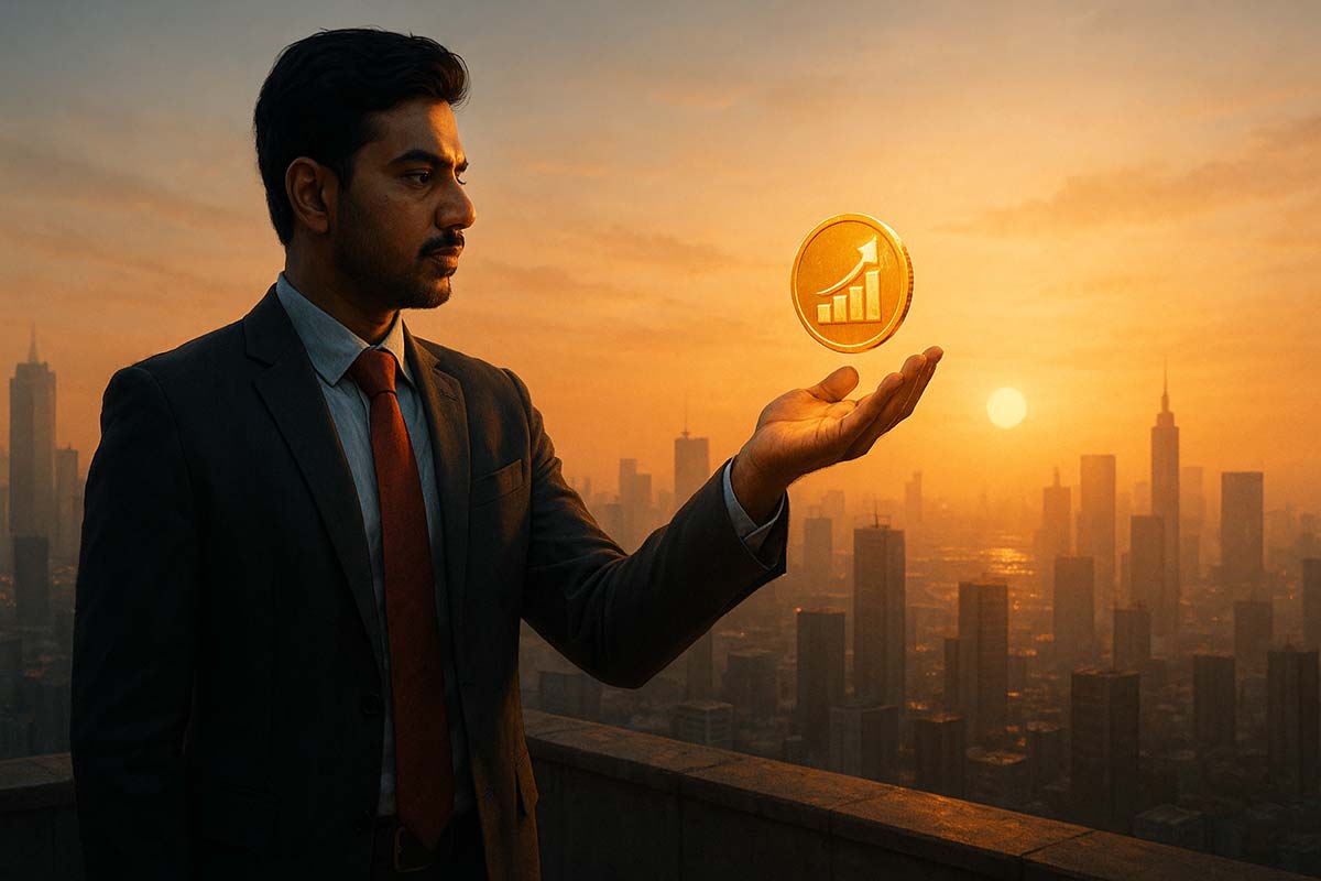 Professional in India holding glowing investment symbol above city skyline, representing money working for you.